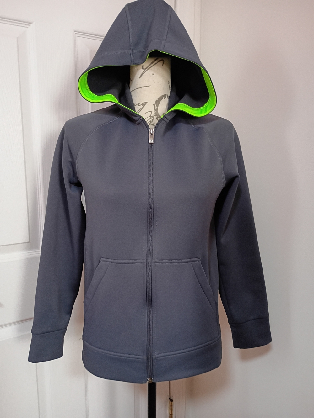 Women's Adidas Gray Zip-Up Hoodie with Neon Green Hood Lining